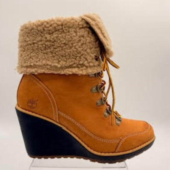 Timberland Earthkeepers Shearling Wedge Boots Tan Women’s Size 6 - Picture 1 of 10